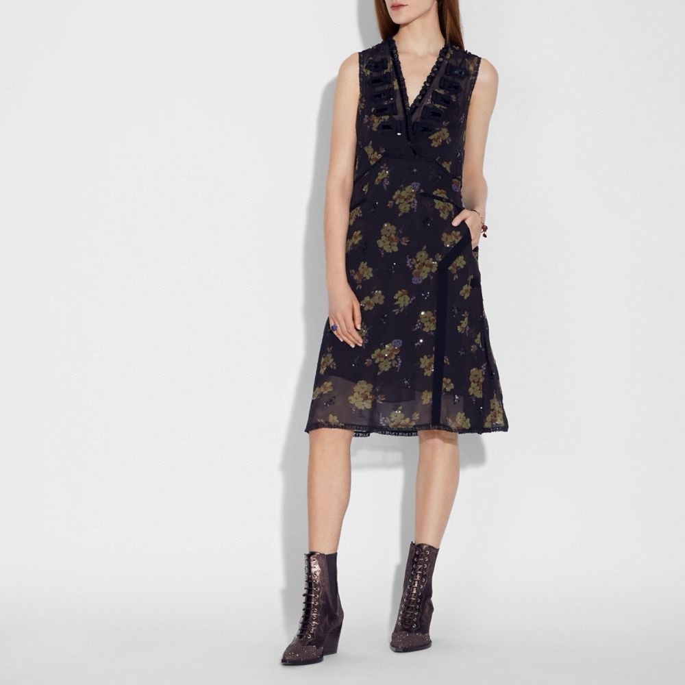 Coach Black Floral Midi Dress
